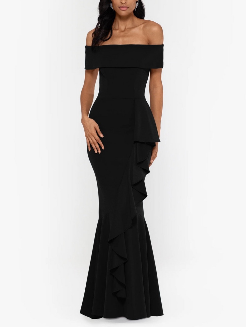 Betsy & Adam Black Off-Shoulder Ruffle Mermaid Gown